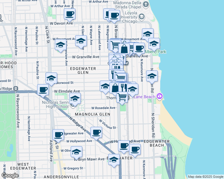 map of restaurants, bars, coffee shops, grocery stores, and more near 1228 West Elmdale Avenue in Chicago