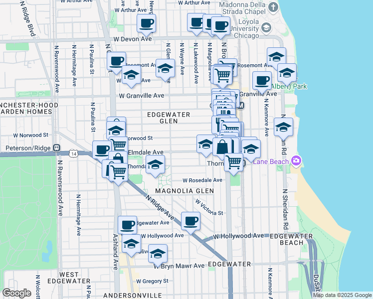 map of restaurants, bars, coffee shops, grocery stores, and more near 1344 West Elmdale Avenue in Chicago