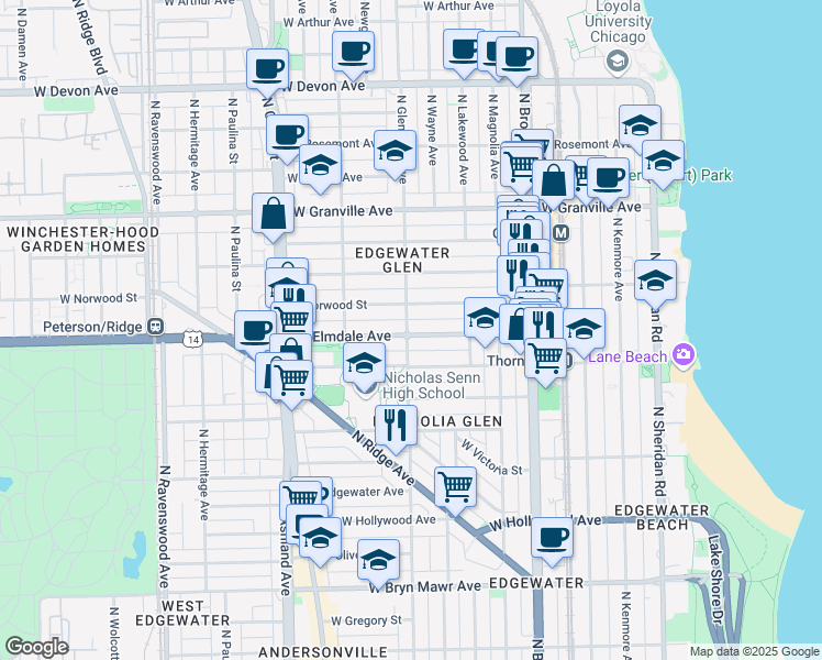 map of restaurants, bars, coffee shops, grocery stores, and more near 1344 West Elmdale Avenue in Chicago