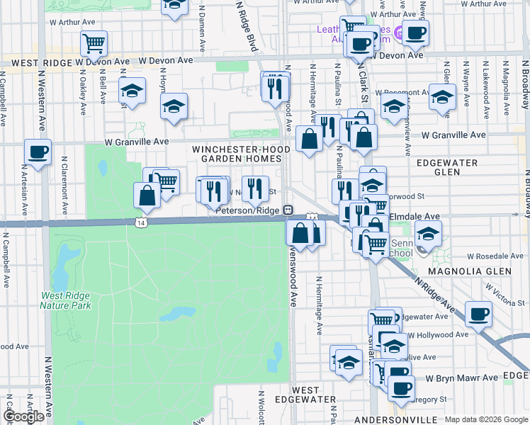 map of restaurants, bars, coffee shops, grocery stores, and more near 6001 North Wolcott Avenue in Chicago