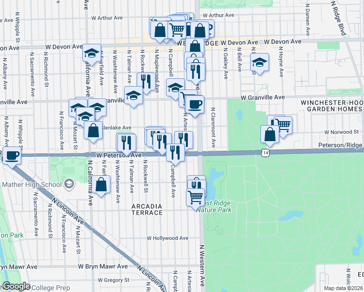 map of restaurants, bars, coffee shops, grocery stores, and more near 6014 North Artesian Avenue in Chicago