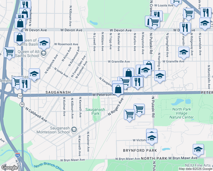map of restaurants, bars, coffee shops, grocery stores, and more near 6059 North Sauganash Avenue in Chicago
