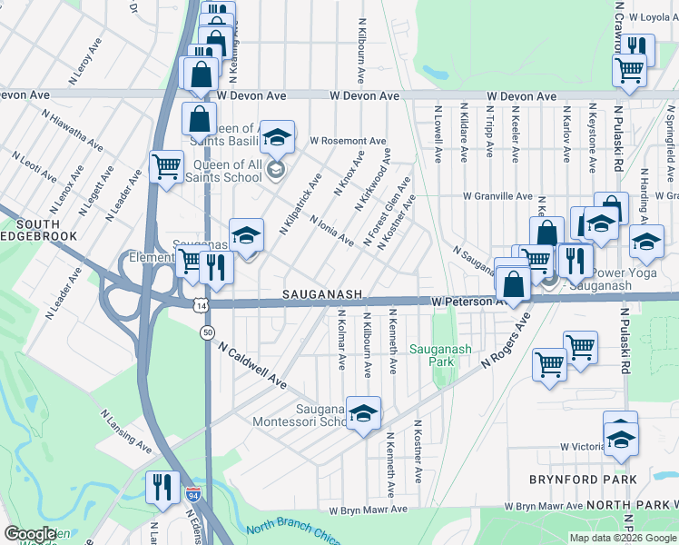 map of restaurants, bars, coffee shops, grocery stores, and more near 6049 North Kirkwood Avenue in Chicago