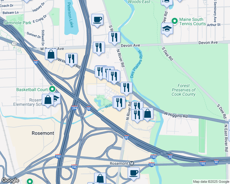 map of restaurants, bars, coffee shops, grocery stores, and more near 9456 Maple Drive in Rosemont