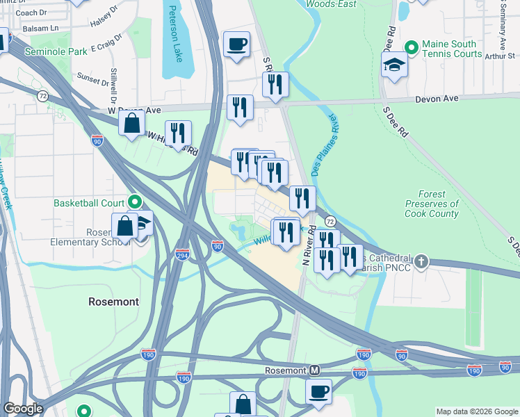 map of restaurants, bars, coffee shops, grocery stores, and more near 9456 Maple Drive in Rosemont