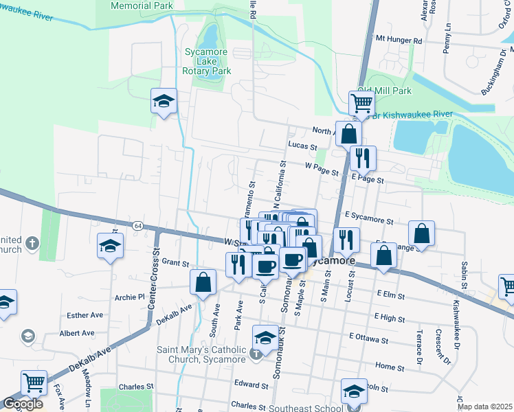 map of restaurants, bars, coffee shops, grocery stores, and more near 330 West Sycamore Street in Sycamore