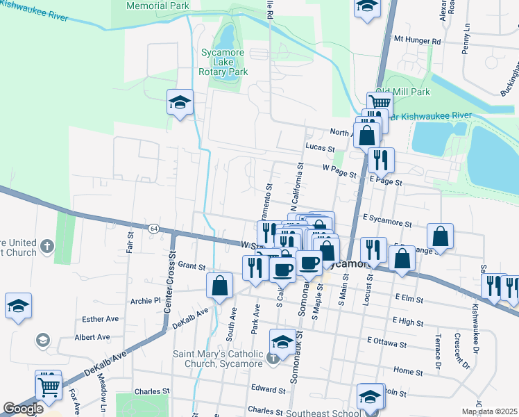 map of restaurants, bars, coffee shops, grocery stores, and more near 421 West Exchange Street in Sycamore