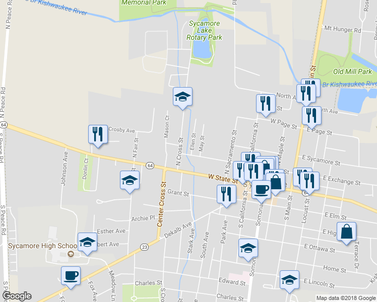 map of restaurants, bars, coffee shops, grocery stores, and more near 503 West Exchange Street in Sycamore