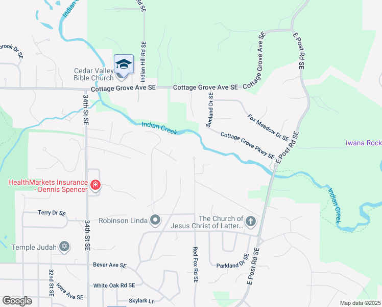 map of restaurants, bars, coffee shops, grocery stores, and more near 136 Red Fox Road Southeast in Cedar Rapids