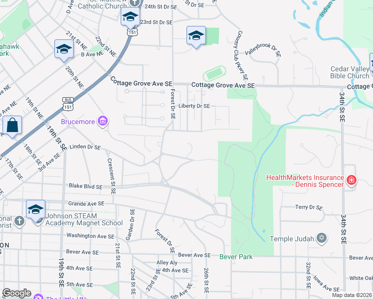 map of restaurants, bars, coffee shops, grocery stores, and more near 2320 Linden Drive Southeast in Cedar Rapids