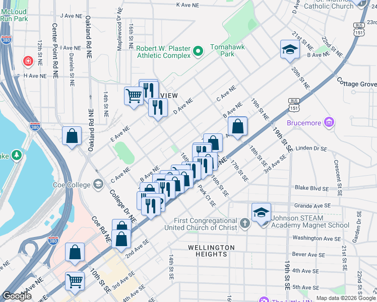 map of restaurants, bars, coffee shops, grocery stores, and more near 1605 B Avenue Northeast in Cedar Rapids