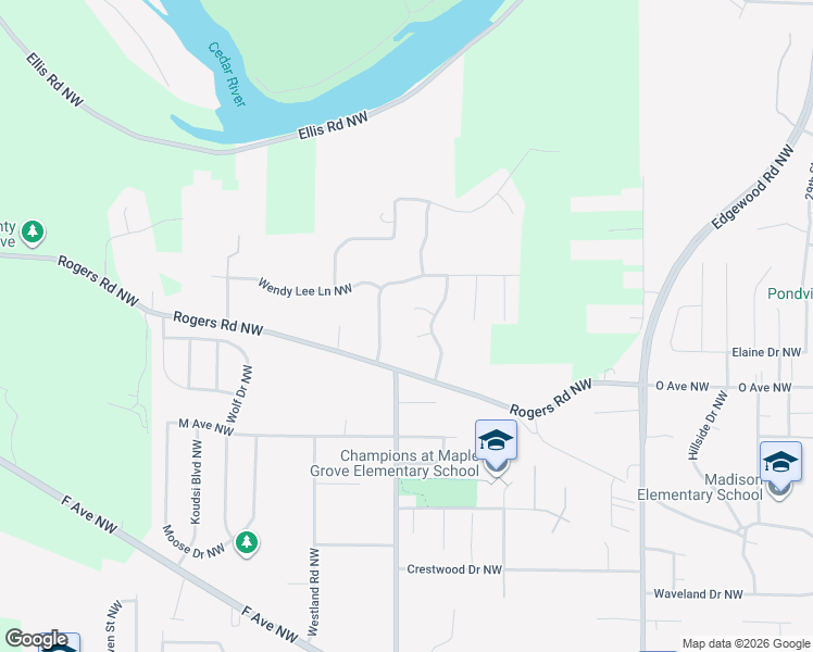 map of restaurants, bars, coffee shops, grocery stores, and more near 1718 Greenlefe Ct NW in Cedar Rapids