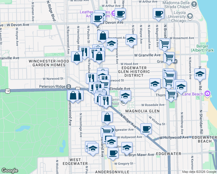 map of restaurants, bars, coffee shops, grocery stores, and more near 1534 West Elmdale Avenue in Chicago