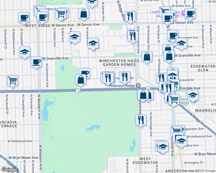 map of restaurants, bars, coffee shops, grocery stores, and more near 1962 U.S. 14 in Chicago