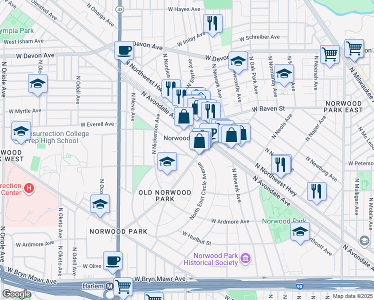 map of restaurants, bars, coffee shops, grocery stores, and more near 6017 North Northcott Avenue in Chicago