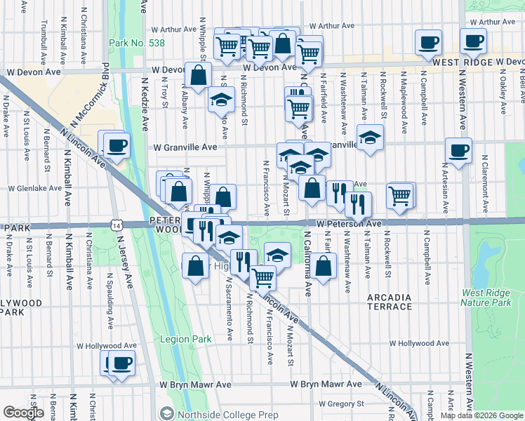 map of restaurants, bars, coffee shops, grocery stores, and more near 6018 North Francisco Avenue in Chicago