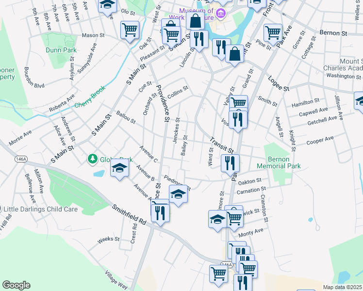 map of restaurants, bars, coffee shops, grocery stores, and more near 239 Bailey Street in Woonsocket