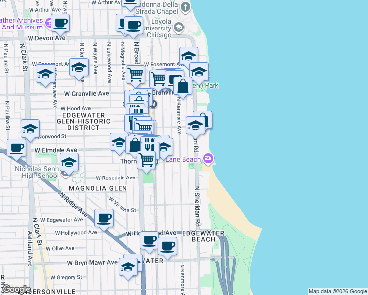 map of restaurants, bars, coffee shops, grocery stores, and more near 6001 North Kenmore Avenue in Chicago
