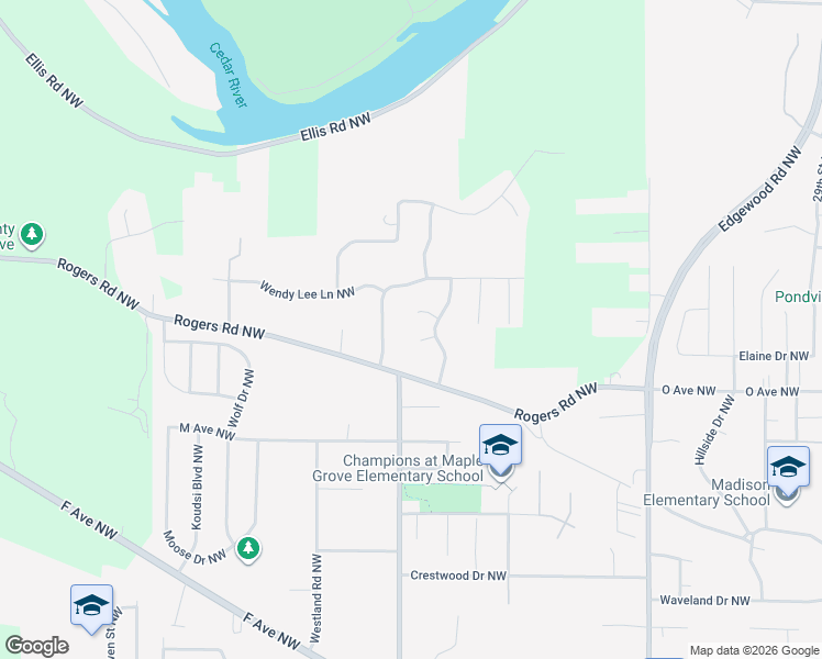 map of restaurants, bars, coffee shops, grocery stores, and more near 1718 Greenlefe Ct NW in Cedar Rapids