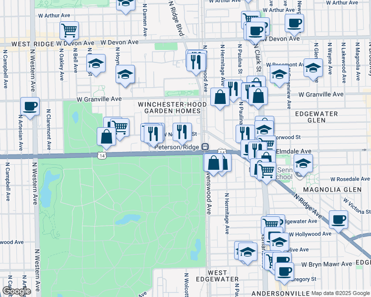 map of restaurants, bars, coffee shops, grocery stores, and more near 6001 North Wolcott Avenue in Chicago