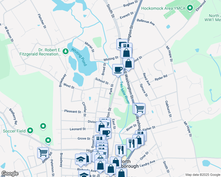 map of restaurants, bars, coffee shops, grocery stores, and more near 76 Park Street in North Attleborough