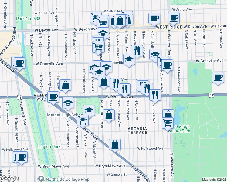 map of restaurants, bars, coffee shops, grocery stores, and more near 6014 North Washtenaw Avenue in Chicago