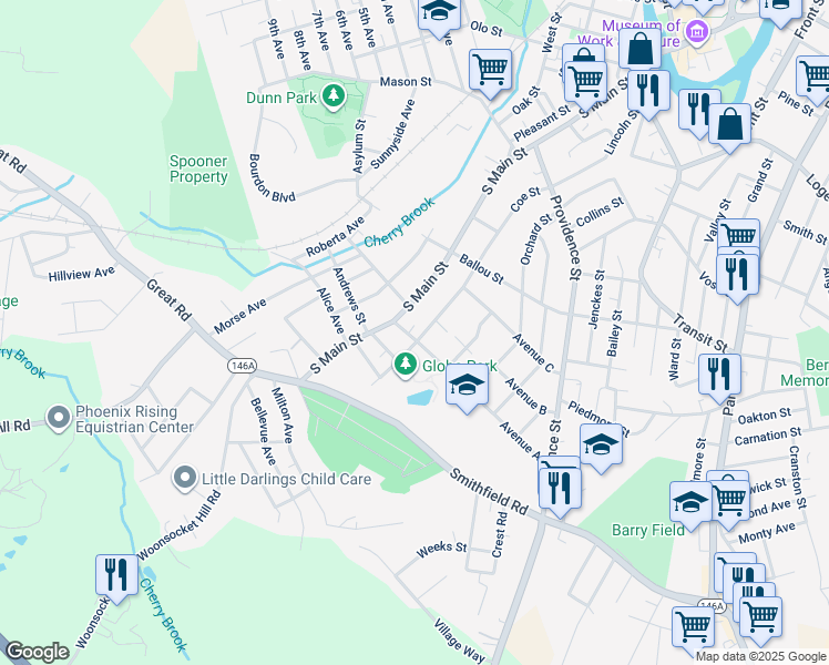 map of restaurants, bars, coffee shops, grocery stores, and more near 425 Coe Street in Woonsocket