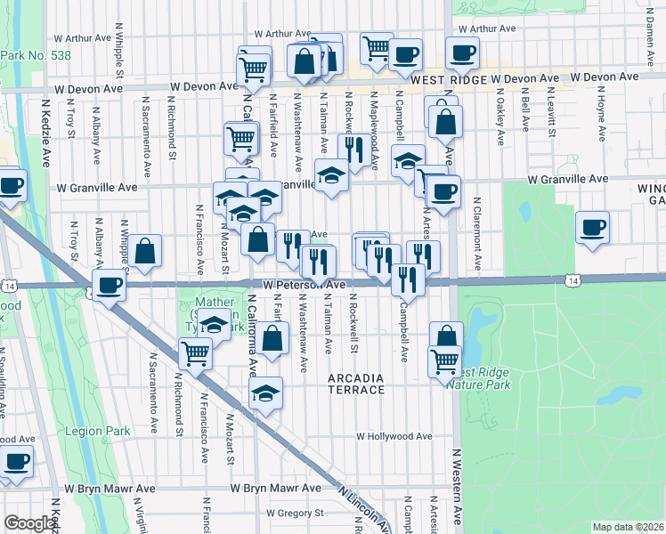 map of restaurants, bars, coffee shops, grocery stores, and more near 6019 North Talman Avenue in Chicago