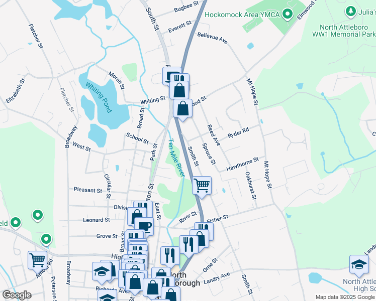 map of restaurants, bars, coffee shops, grocery stores, and more near 65 Smith Street in North Attleborough
