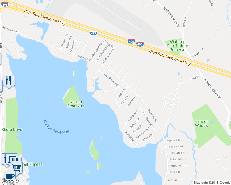 map of restaurants, bars, coffee shops, grocery stores, and more near 12 Cedar Road in Norton