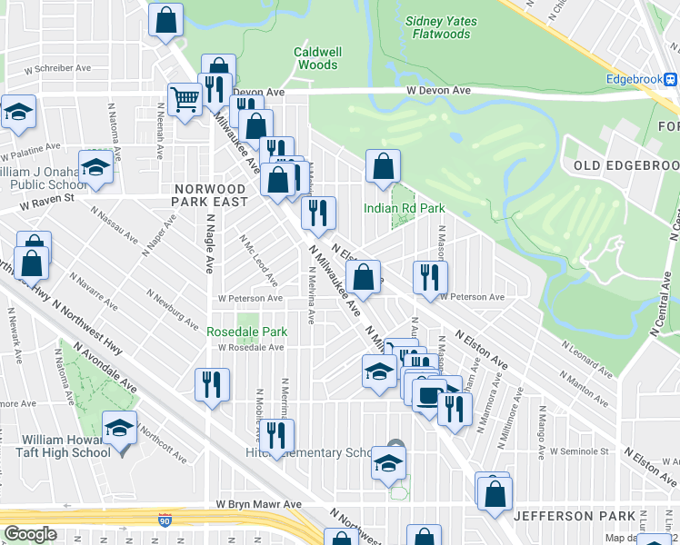 map of restaurants, bars, coffee shops, grocery stores, and more near 6033 North Milwaukee Avenue in Chicago