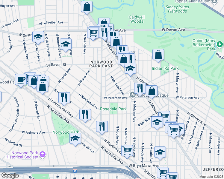 map of restaurants, bars, coffee shops, grocery stores, and more near 6320 West Holbrook Street in Chicago