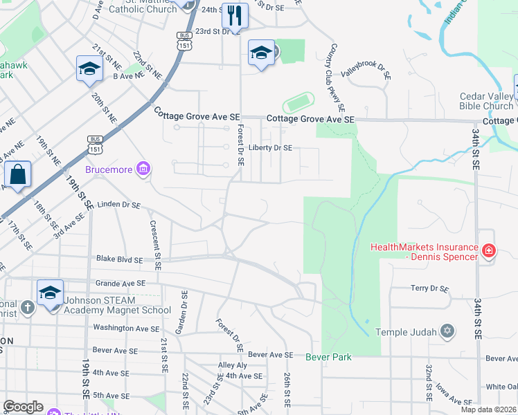 map of restaurants, bars, coffee shops, grocery stores, and more near 2320 Linden Drive Southeast in Cedar Rapids