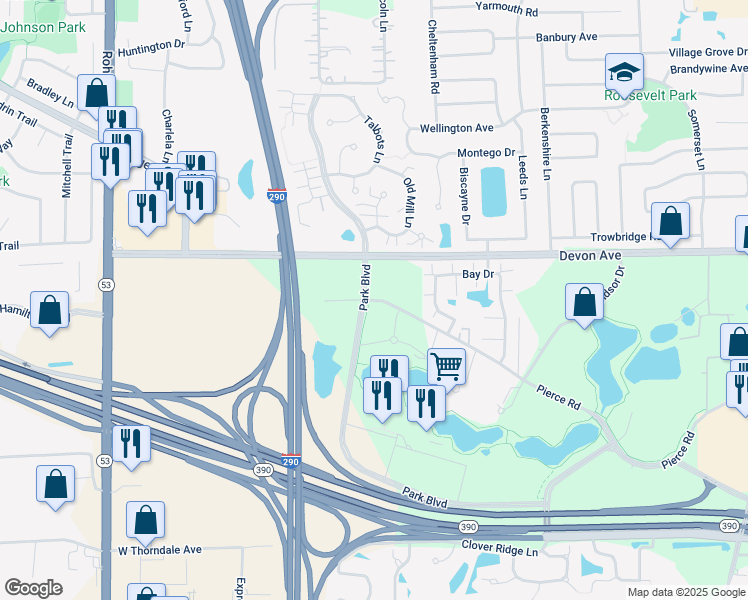 map of restaurants, bars, coffee shops, grocery stores, and more near 555 Pierce Road in Itasca