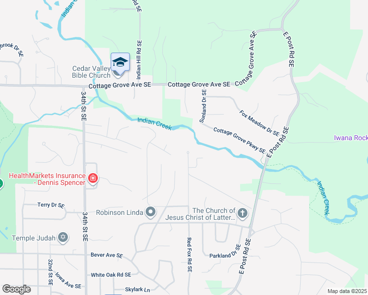 map of restaurants, bars, coffee shops, grocery stores, and more near 136 Red Fox Road Southeast in Cedar Rapids