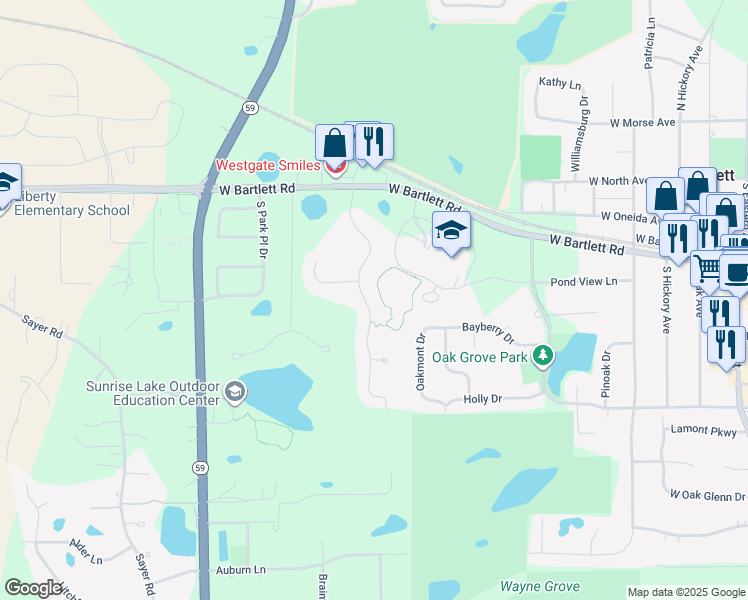map of restaurants, bars, coffee shops, grocery stores, and more near 181 Regency Drive in Bartlett