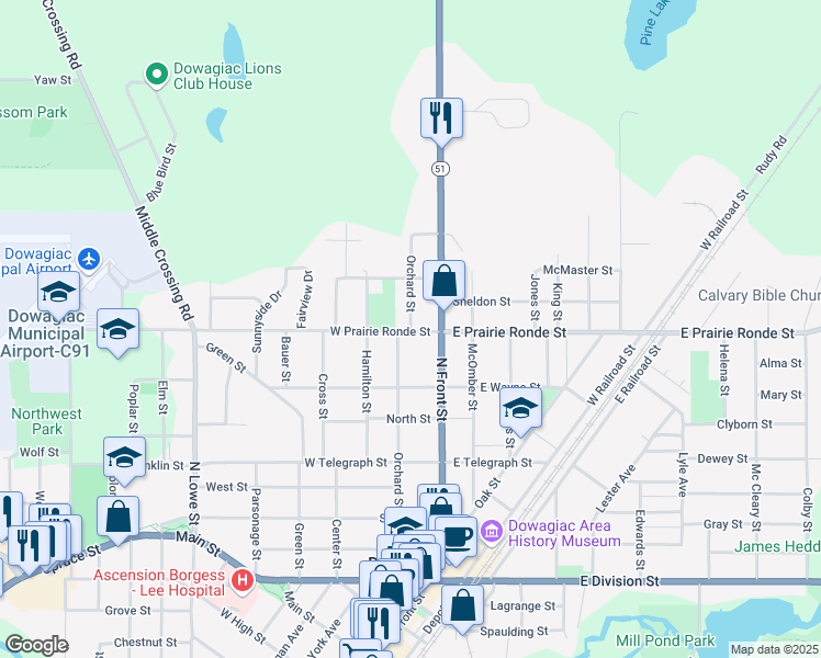 map of restaurants, bars, coffee shops, grocery stores, and more near 704 Orchard Street in Dowagiac