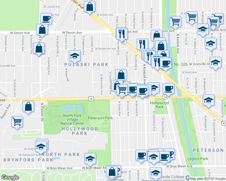 map of restaurants, bars, coffee shops, grocery stores, and more near 6027 North Central Park Avenue in Chicago