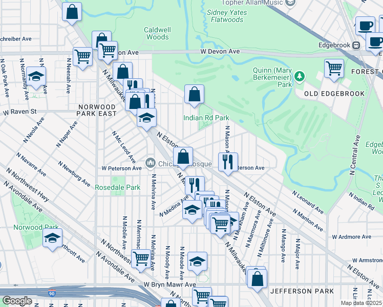 map of restaurants, bars, coffee shops, grocery stores, and more near 6101 West Miami Avenue in Chicago