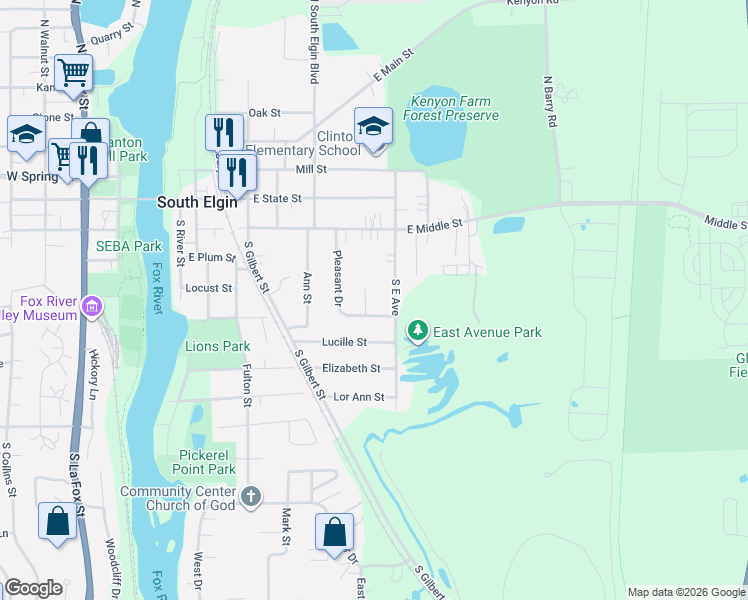 map of restaurants, bars, coffee shops, grocery stores, and more near 399 Harvest Lane in South Elgin
