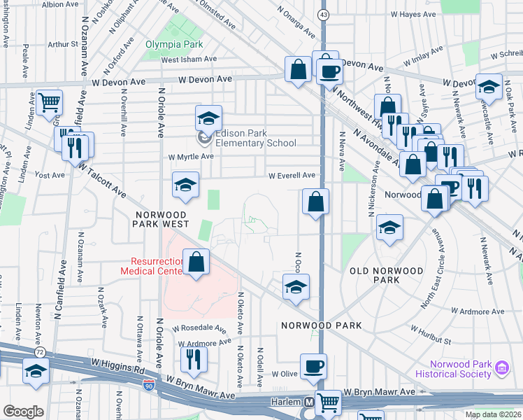 map of restaurants, bars, coffee shops, grocery stores, and more near 7262 West Peterson Avenue in Chicago
