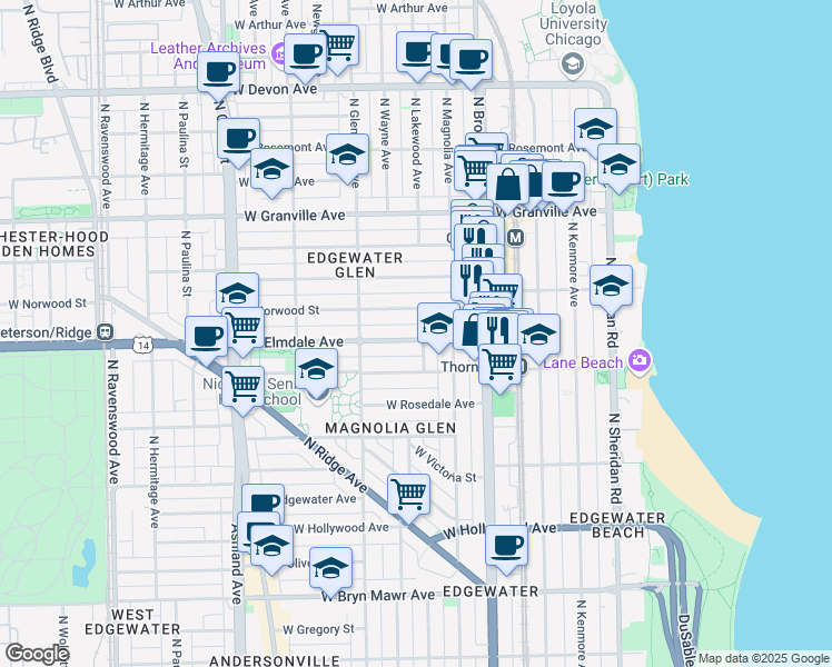 map of restaurants, bars, coffee shops, grocery stores, and more near 1304 West Elmdale Avenue in Chicago