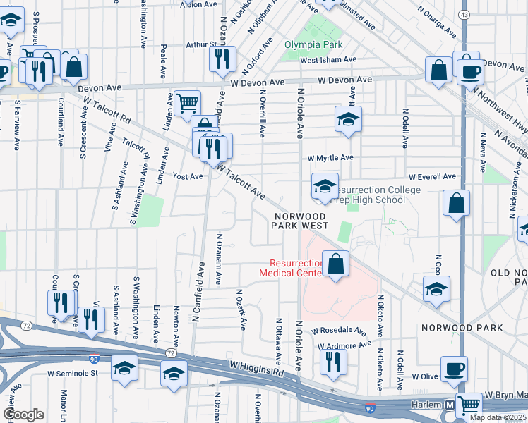 map of restaurants, bars, coffee shops, grocery stores, and more near 6115 North Ottawa Avenue in Chicago