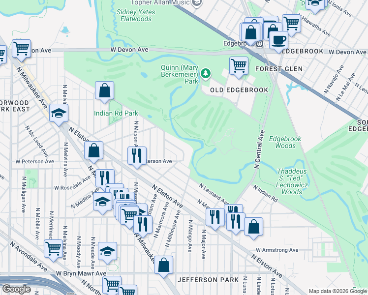map of restaurants, bars, coffee shops, grocery stores, and more near 6027 North Menard Avenue in Chicago