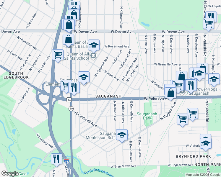 map of restaurants, bars, coffee shops, grocery stores, and more near 6049 North Kirkwood Avenue in Chicago