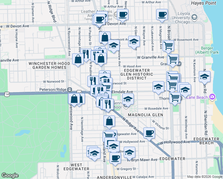 map of restaurants, bars, coffee shops, grocery stores, and more near 1534 West Elmdale Avenue in Chicago