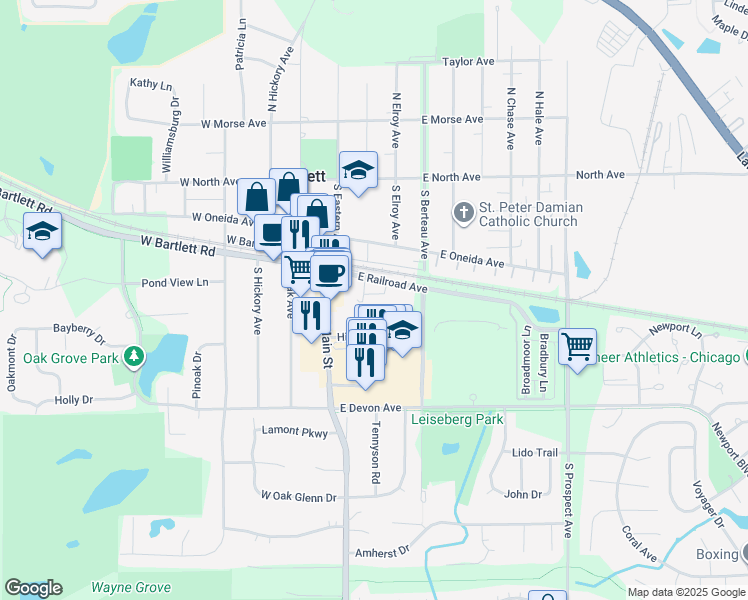 map of restaurants, bars, coffee shops, grocery stores, and more near 275 East Railroad Avenue in Bartlett