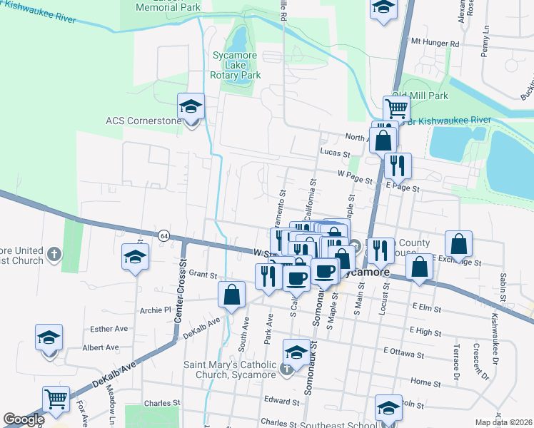 map of restaurants, bars, coffee shops, grocery stores, and more near 421 West Exchange Street in Sycamore