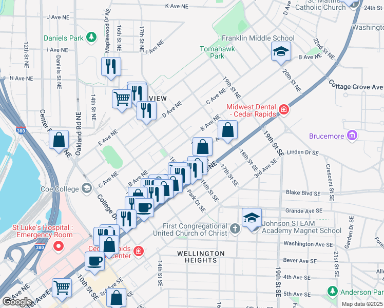 map of restaurants, bars, coffee shops, grocery stores, and more near 1640 A Avenue Northeast in Cedar Rapids