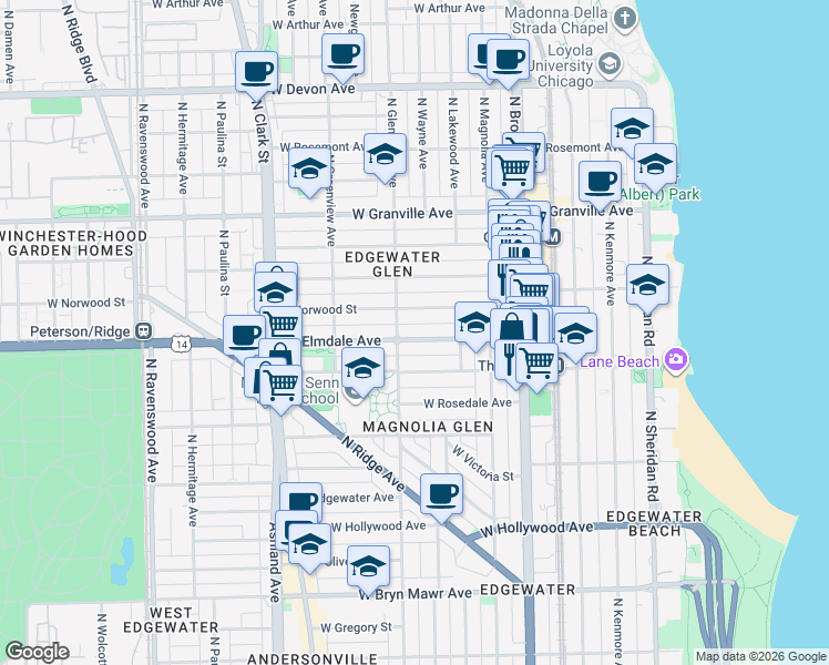 map of restaurants, bars, coffee shops, grocery stores, and more near 1344 West Elmdale Avenue in Chicago